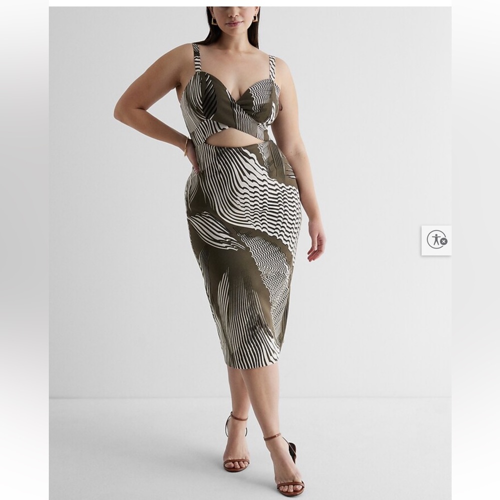 Express Abstract Olive & White Sexy Cutout Midi Dress 8/10 - Picture 9 of 13